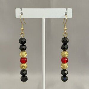 Beaded Dangle Pierced Earrings Gold Black Red